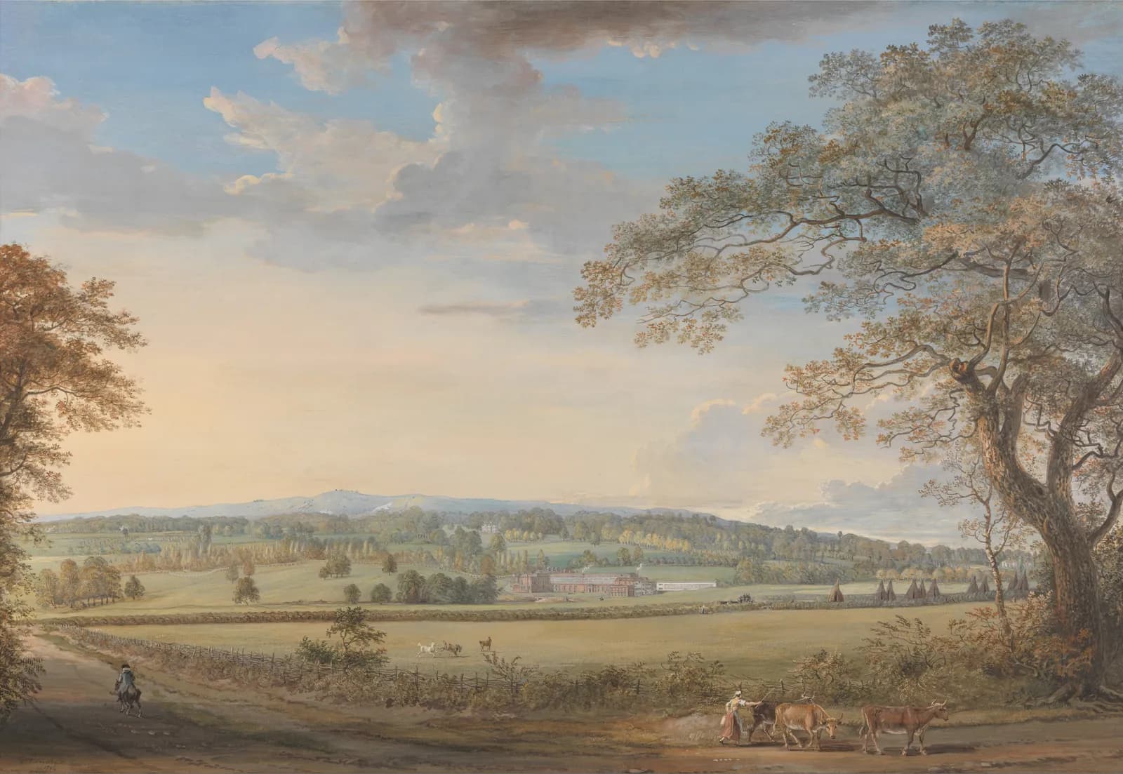 A pastoral landscape painting with a sprawling manor house nestled in the countryside, framed by two large trees.