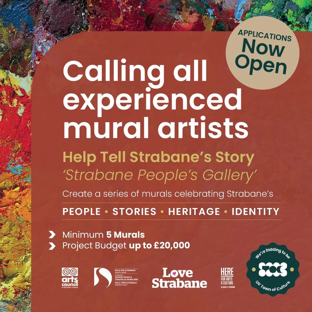 A poster inviting experienced mural artists to help tell Strabane's story through a series of murals, with applications now open.