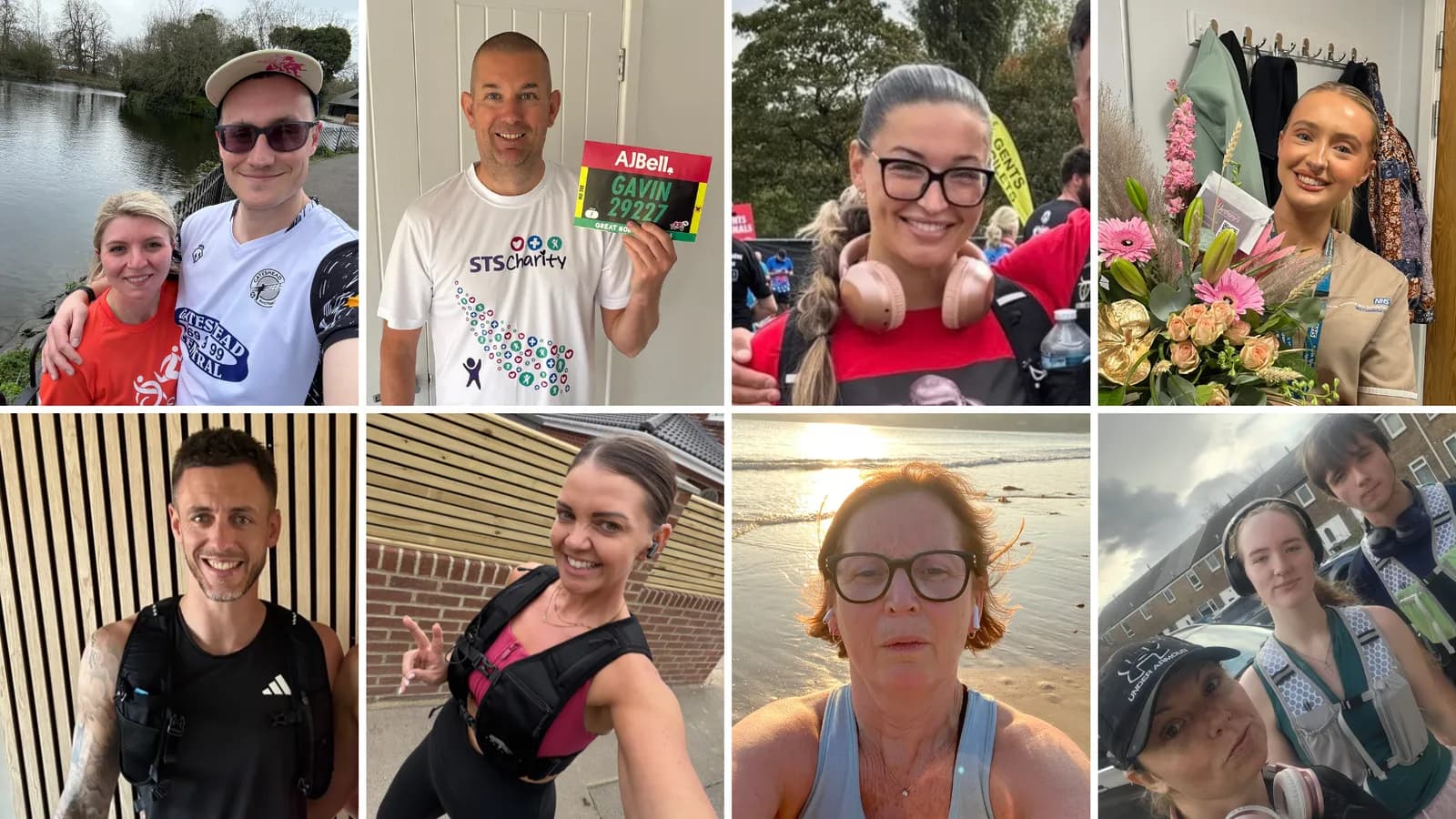 A grid of eight separate images showing various people, some individually and some in pairs, engaged in activities such as running, posing with a race bib, or holding a bouquet of flowers.