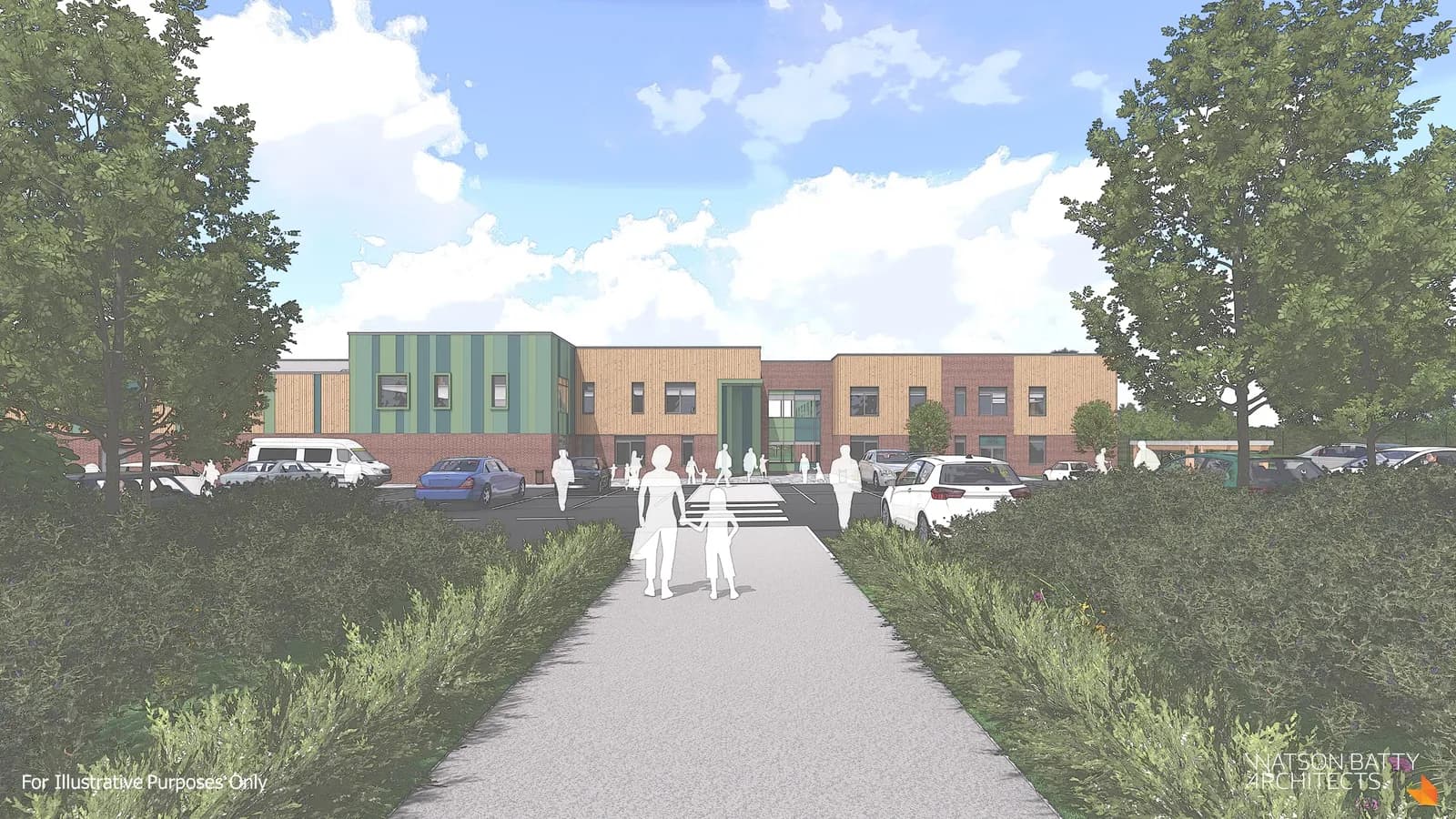 A rendering of a modern, multi-story school building with green and brown paneled sections, surrounded by trees, a parking lot with cars, and a path leading to the entrance where several transparent figures of people are visible.