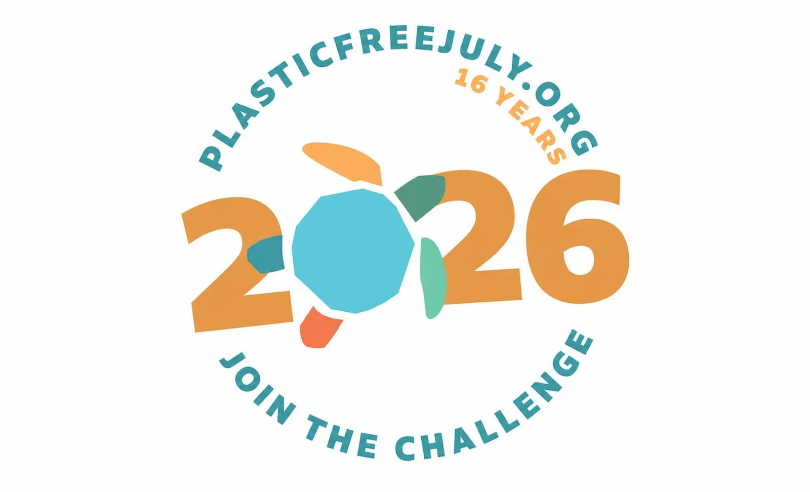 A circular logo with the text "PLASTICFREEJULY.ORG 16 YEARS" at the top, "2026" in large orange numbers with a colorful abstract turtle in place of the zero, and "JOIN THE CHALLENGE" at the bottom, all on a white background.