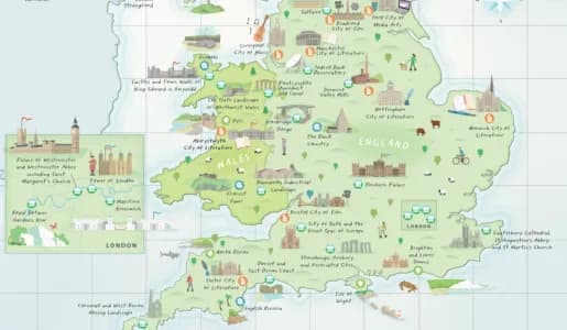 A colorful, hand-drawn map of England and Wales highlighting various landmarks, cities, and natural sites with small illustrations and text.