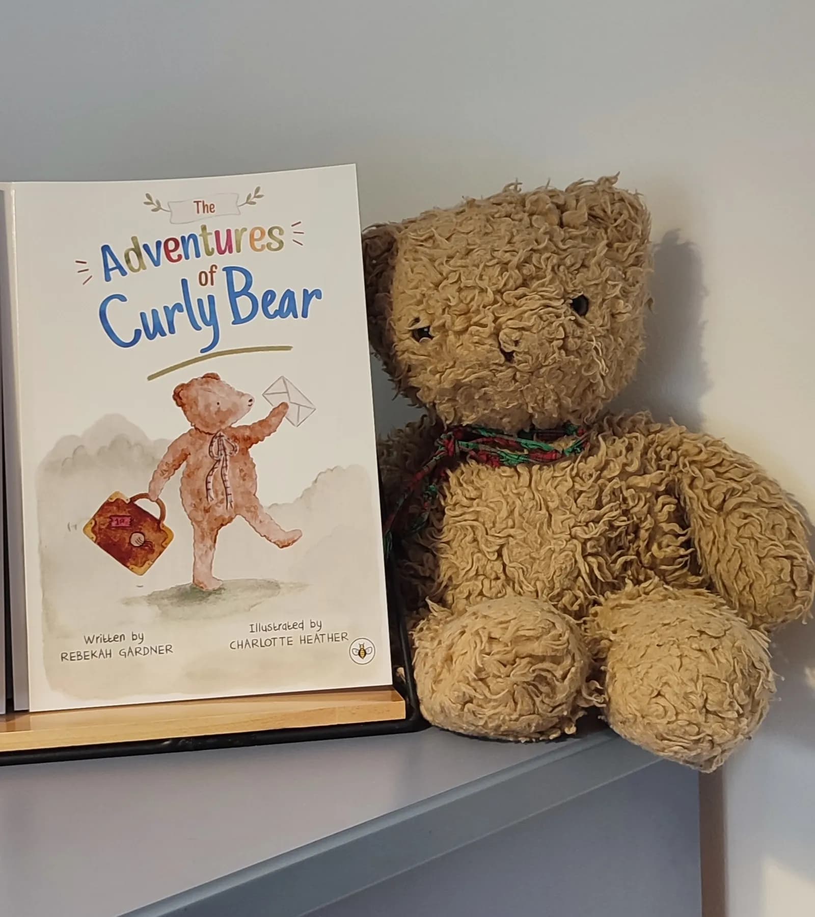 A fuzzy brown teddy bear sits next to a children's book titled "The Adventures of Curly Bear."