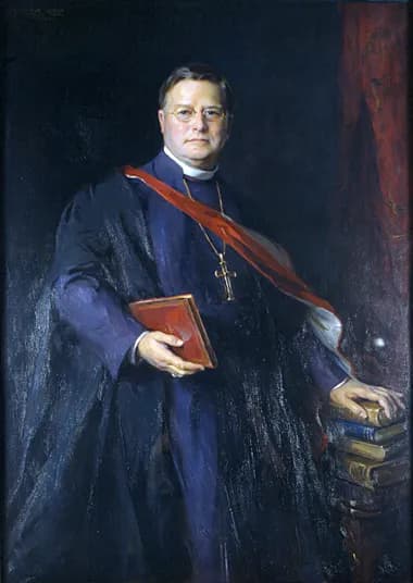 A painting of a man in clerical attire, wearing glasses, holding a red book, and standing next to a stack of books, with a dark background and red drape.