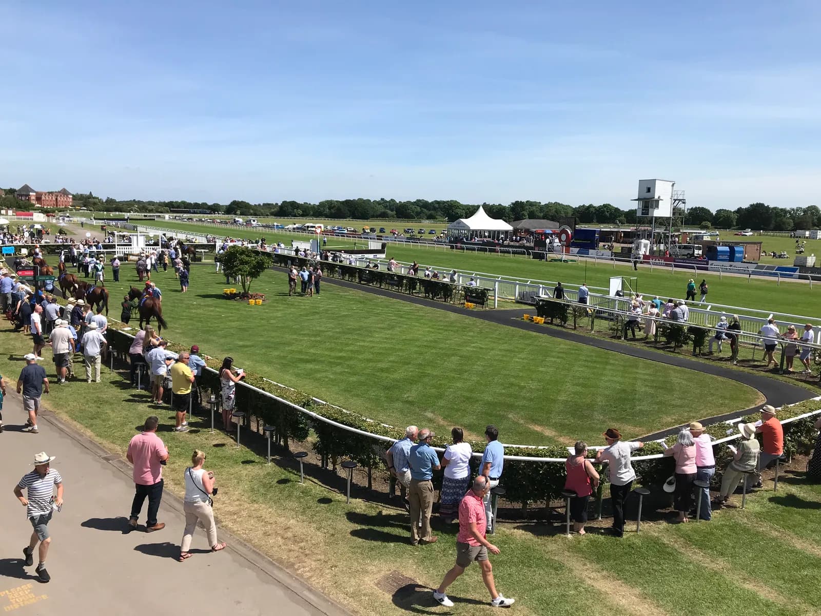 A wide shot of a horse racing track with many people milling about and horses being led around the paddock area.
