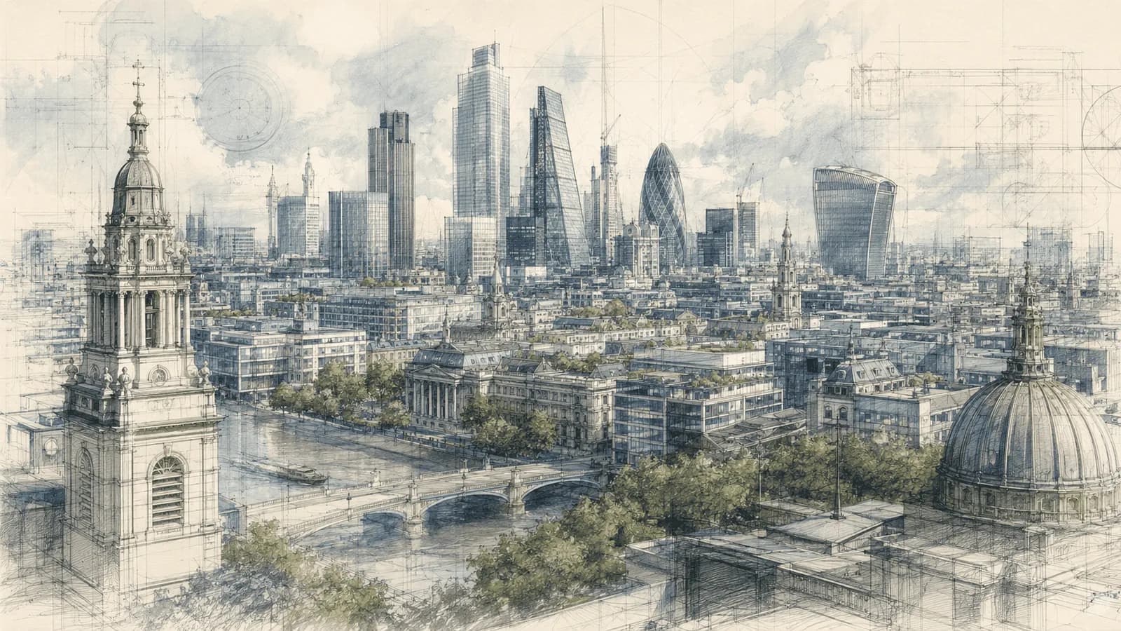A detailed, blueprint-style sketch depicting the London skyline, with historical churches and modern skyscrapers alongside the River Thames.