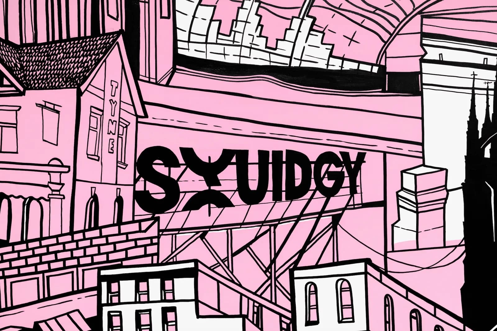 A black and white line art illustration of a city scene with the word "SYUIDGY" in large black letters across the center, all against a bright pink background.