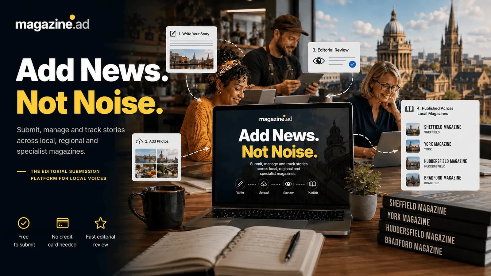 A diverse group of people engaged in a creative process, possibly related to publishing, with a laptop displaying 'Add News. Not Noise.' and various digital elements like a cityscape and magazine covers, suggesting a platform for local voices.