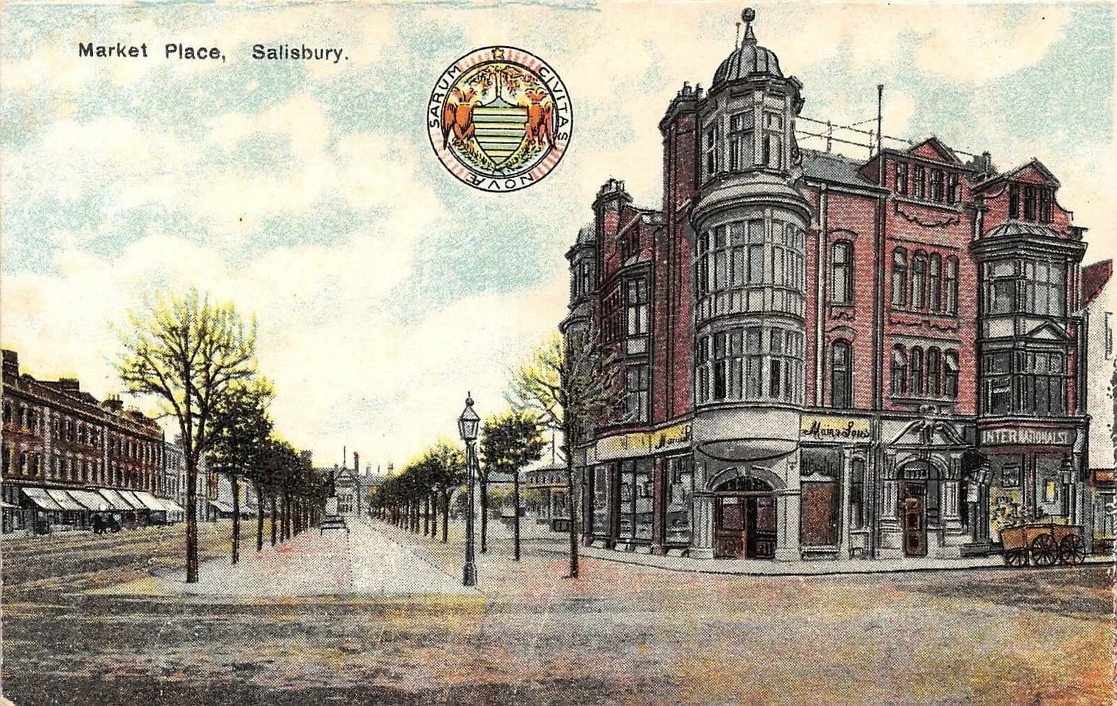 A hand-colored postcard shows Market Place in Salisbury, with a large ornate red brick building on the right and a long street lined with trees and smaller buildings receding into the distance on the left.