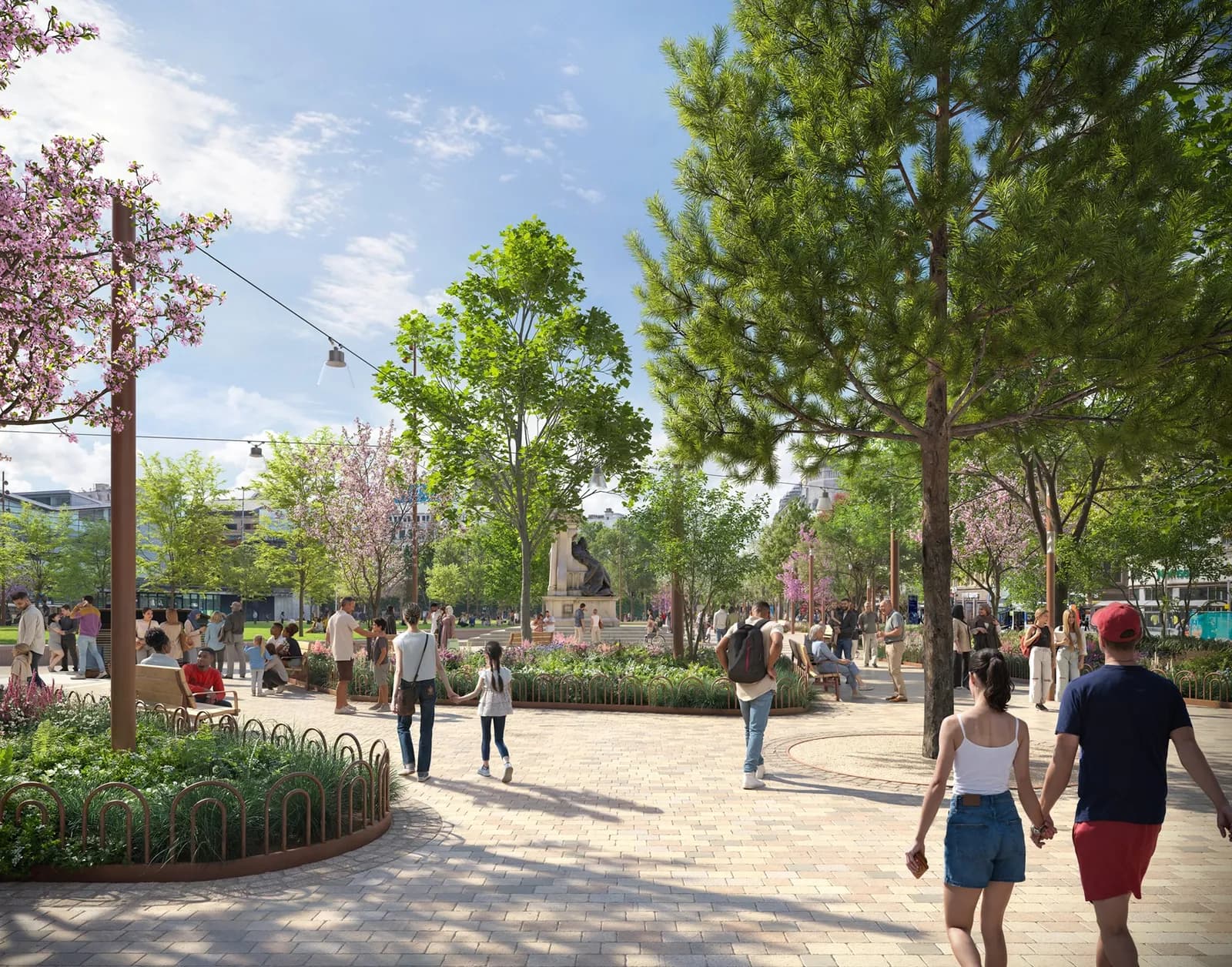 A diverse group of people enjoying a park with lush green trees, blooming pink flowers, and a paved walkway.