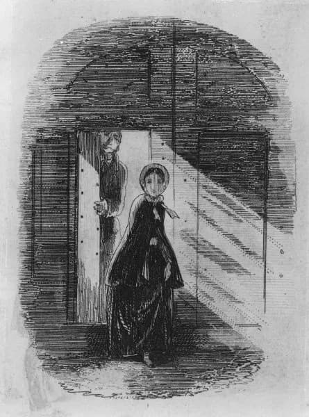 A woman in a bonnet and long dress stands before an open door, while a man is partially visible in the shadows behind the door, with a ray of light illuminating the woman.