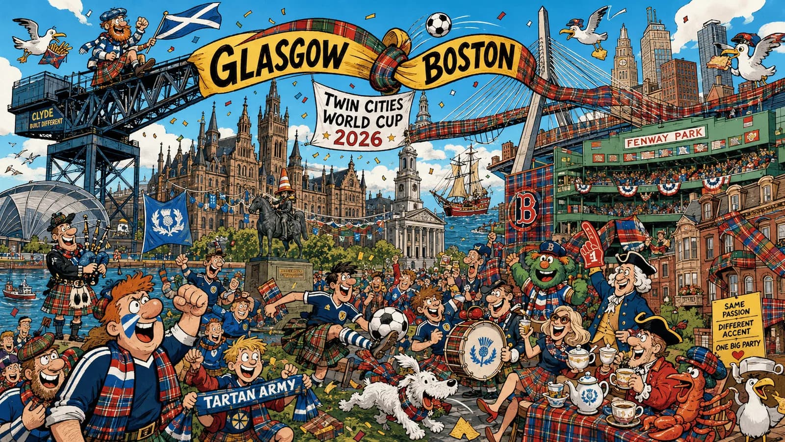 A whimsical cartoon illustration depicts Scottish and American figures celebrating a Twin Cities World Cup in 2026, featuring landmarks from Glasgow and Boston.