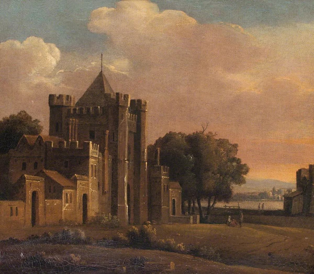 An oil painting depicts a brown stone castle with a pointed roof and turrets against a warm-toned sky with clouds, with a body of water and distant land visible to the right.
