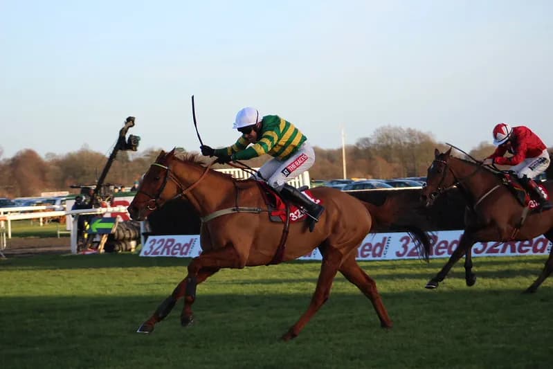 A jockey in a green and yellow striped jersey rides a brown horse over a hurdle during a race, with another jockey and horse partially visible behind them.