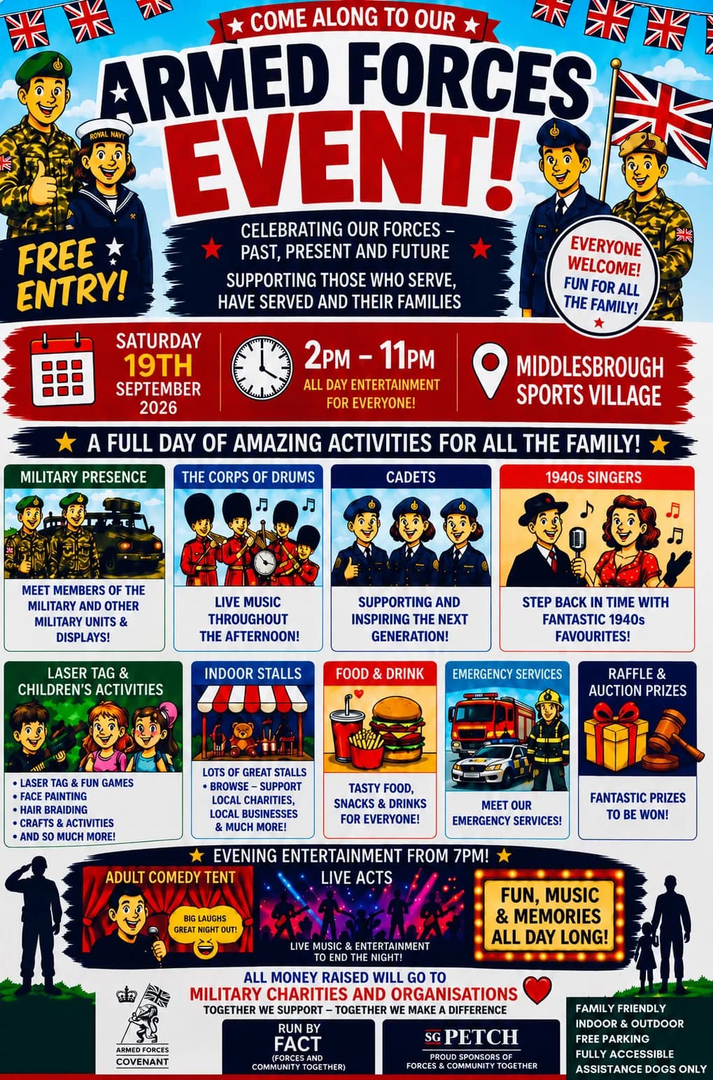 A colorful promotional poster for an 'Armed Forces Event' on September 19th, 2026, featuring cartoon military personnel, a calendar, a clock, and various activity icons.