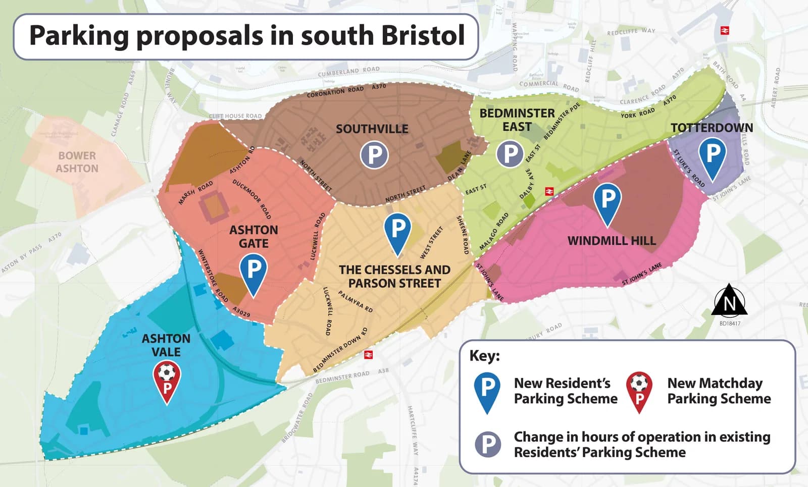 A map of South Bristol showing areas designated for parking proposals, including new resident, new matchday, and changes to existing resident parking schemes, with a key explaining the different symbols.