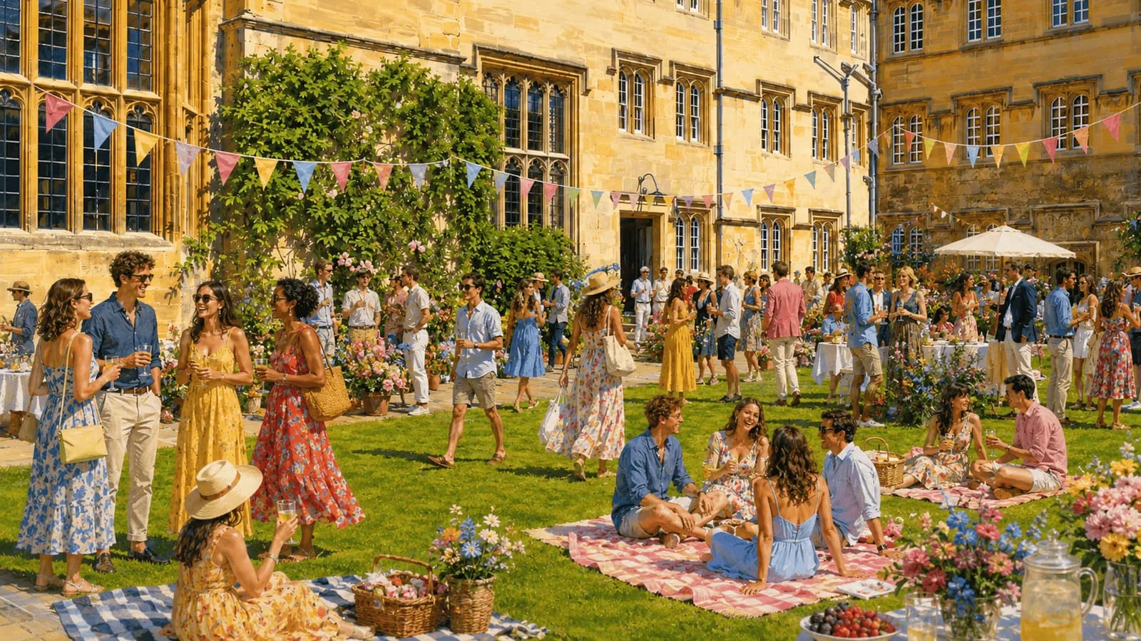 People in stylish casual wear gather on a sunny green lawn surrounded by old stone buildings and decorated with colorful bunting, enjoying an outdoor event with drinks and conversations.