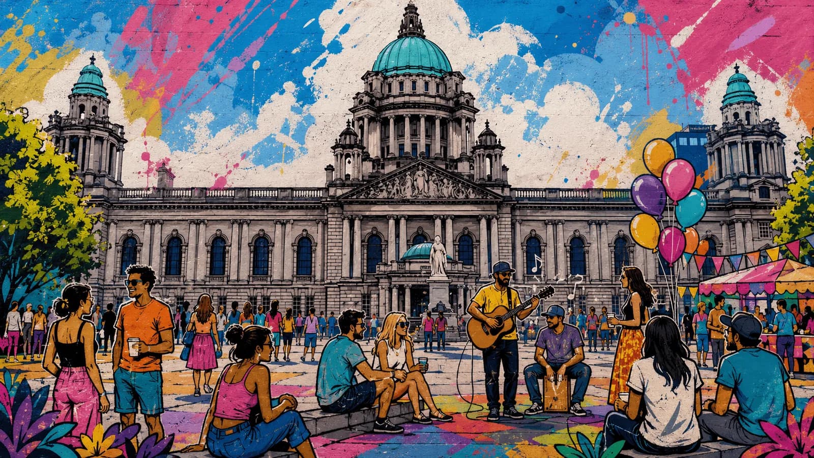 A vibrant, cartoon-style illustration of a large stone building with a domed roof and several towers, surrounded by people enjoying an outdoor festival with street performers, market stalls, and balloons.