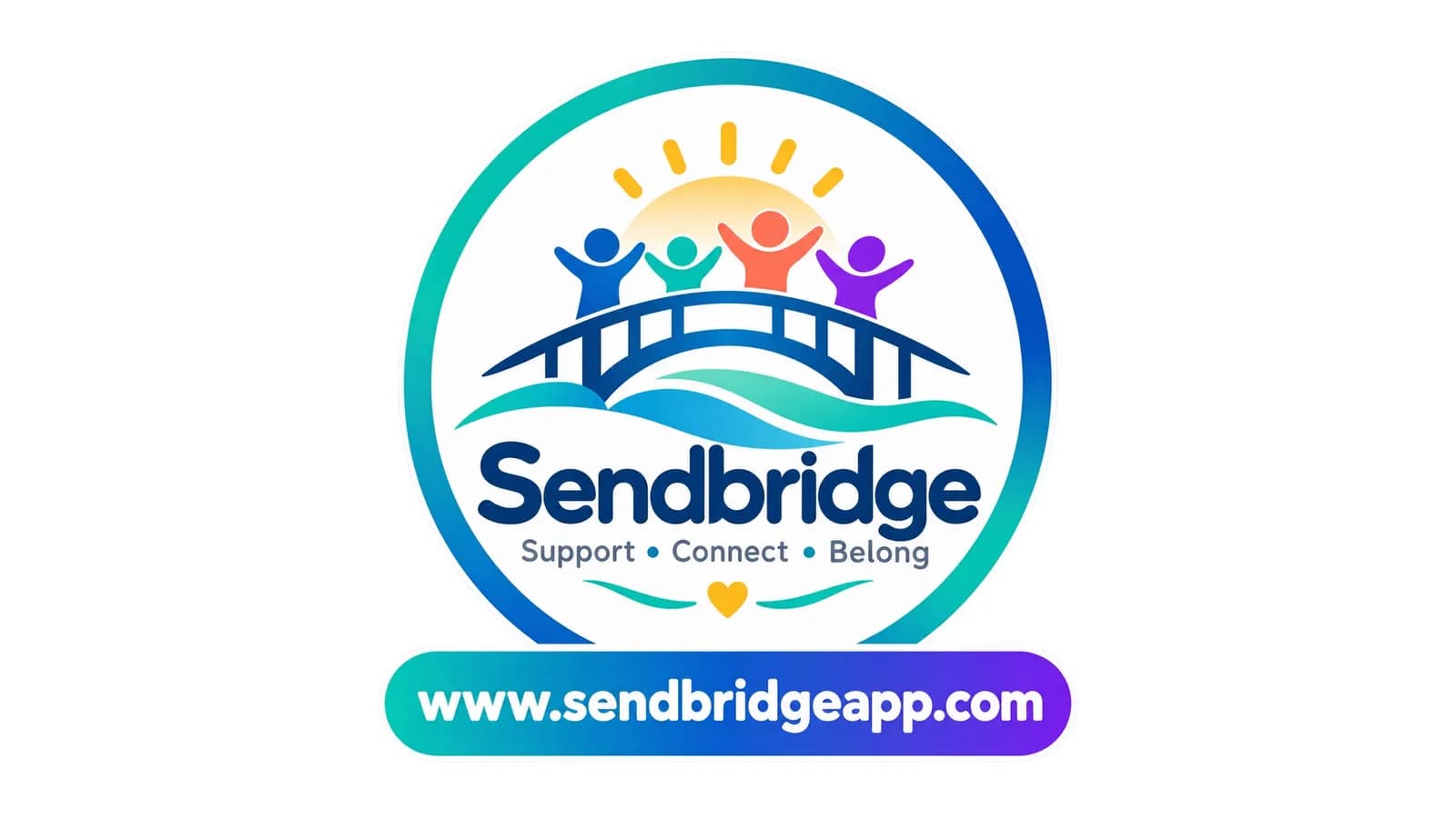 The Sendbridge logo features a colorful circular design with four stick figures on a bridge over water, a sun above, and the text "Sendbridge Support • Connect • Belong" below, with "www.sendbridgeapp.com" on a curved banner at the bottom.