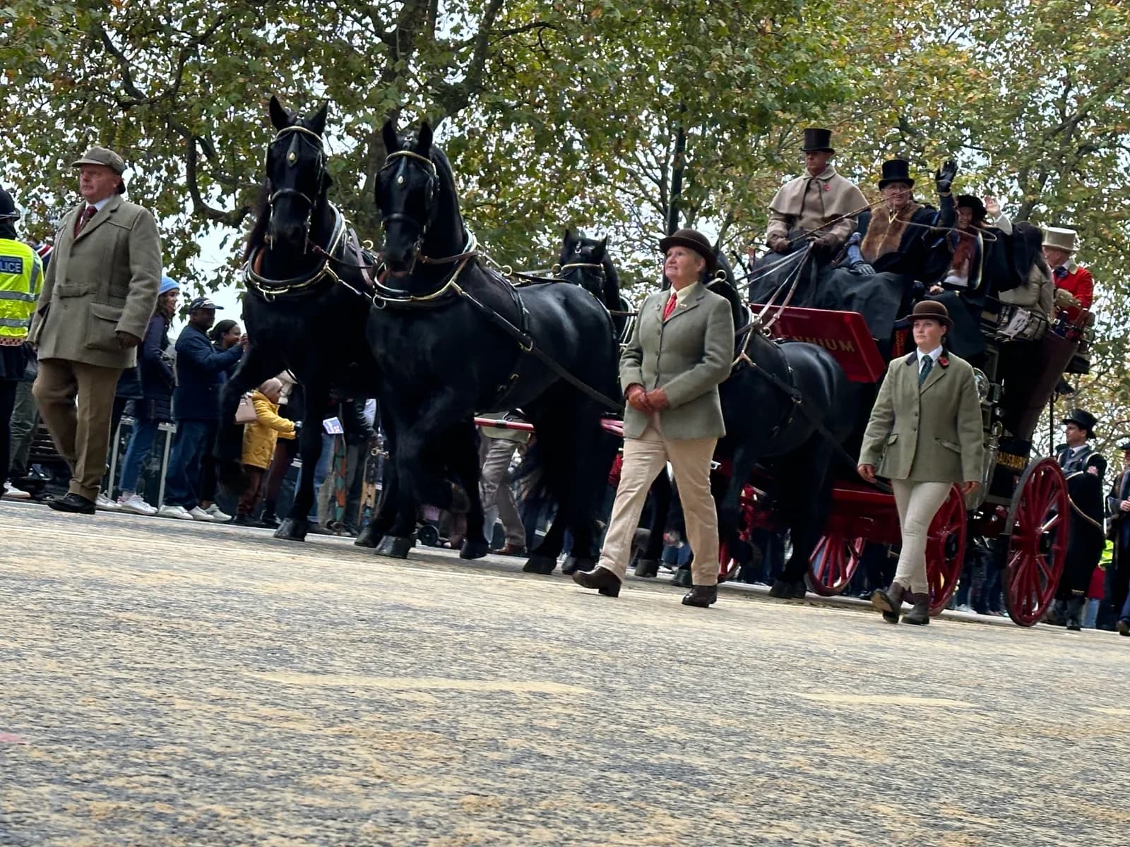 A horse-drawn carriage with people dressed in historical attire and a crowd watching on a cloudy day.