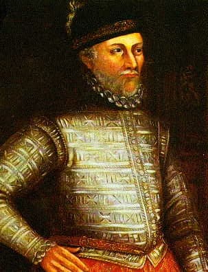 A historical painting of a man with a beard and mustache, wearing a black hat with a feather and elaborate gold and silver armor over red breeches, looking to the right with a serious expression.