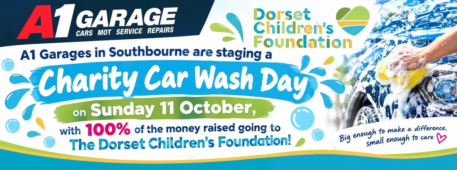A hand holding a yellow sponge washes a blue car, surrounded by text promoting a charity car wash day for the Dorset Children's Foundation.