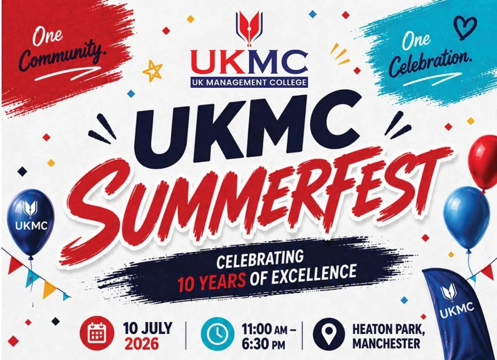 A promotional graphic for UKMC Summerfest, celebrating 10 years of excellence, with event details including date, time, and location.