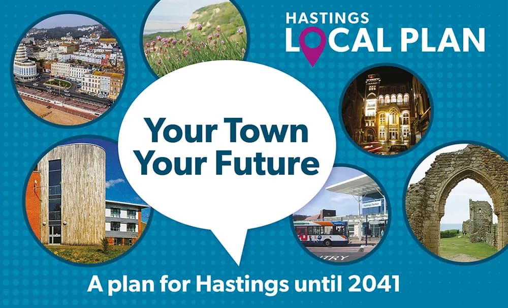 A blue background with a white speech bubble in the center that says "Your Town Your Future" and is surrounded by six circular images of Hastings, including the town, cliffs with flowers, an illuminated building at night, modern architecture, a bus at a station, and castle ruins, with text "Hastings