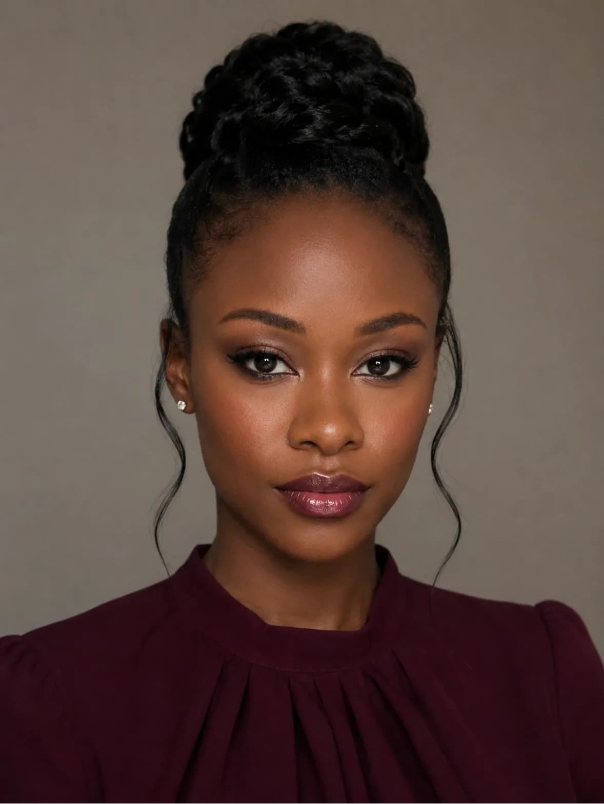 A woman with dark skin and a high bun wears a maroon blouse and looks directly at the viewer.