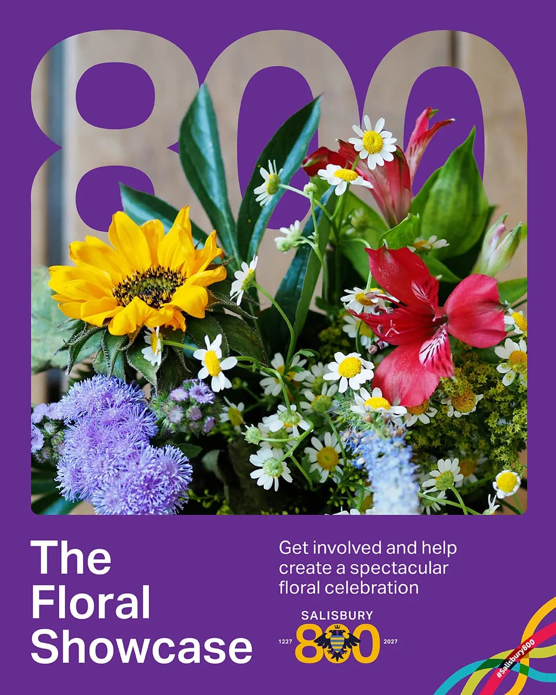 A vibrant bouquet featuring a large yellow sunflower, red and white flowers, and purple and white smaller blooms, set against a blurred background with large white numbers '800' partially visible.