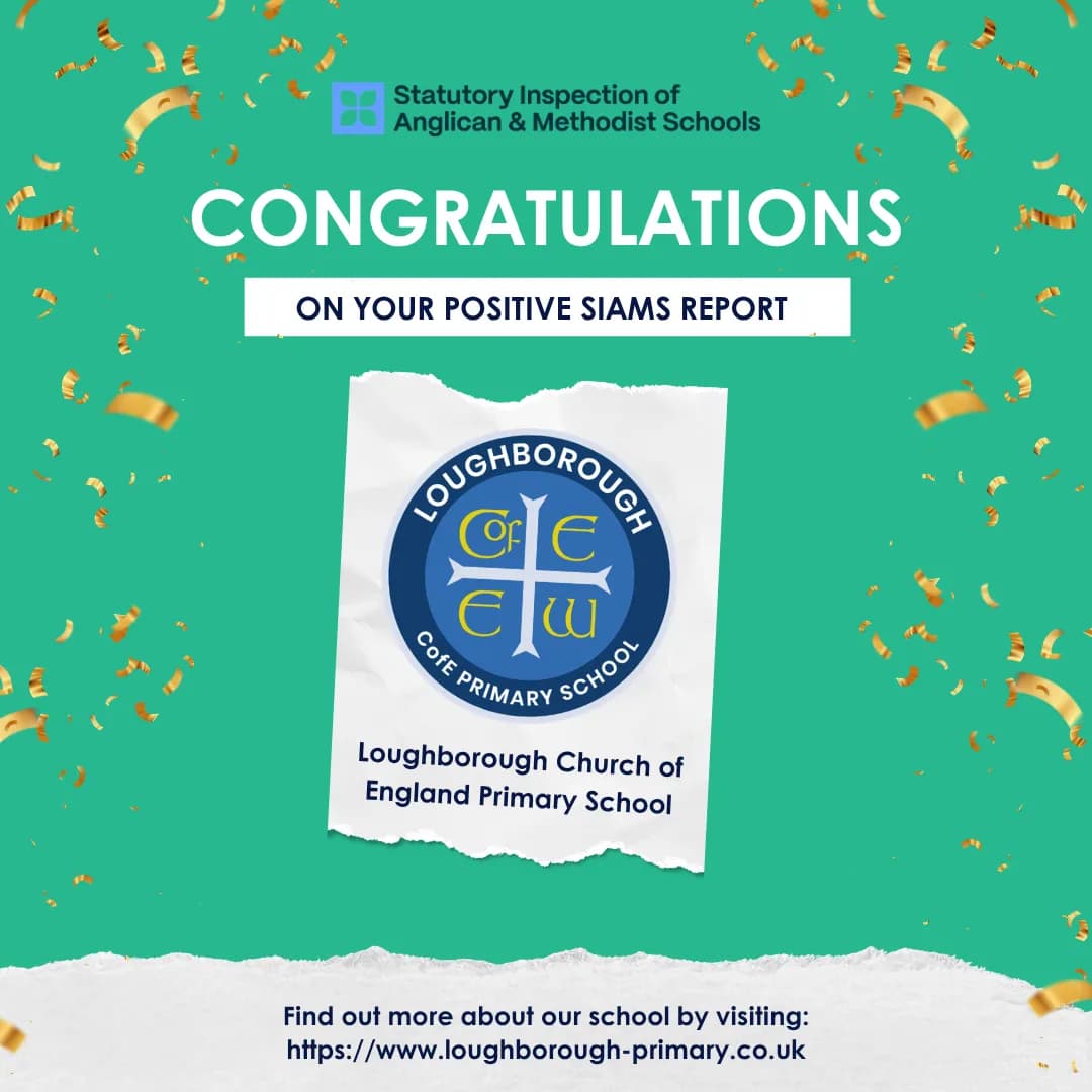 A green background with gold confetti, celebrating a positive SIAMS report for Loughborough Church of England Primary School, featuring their blue and gold school logo on a white torn paper design.