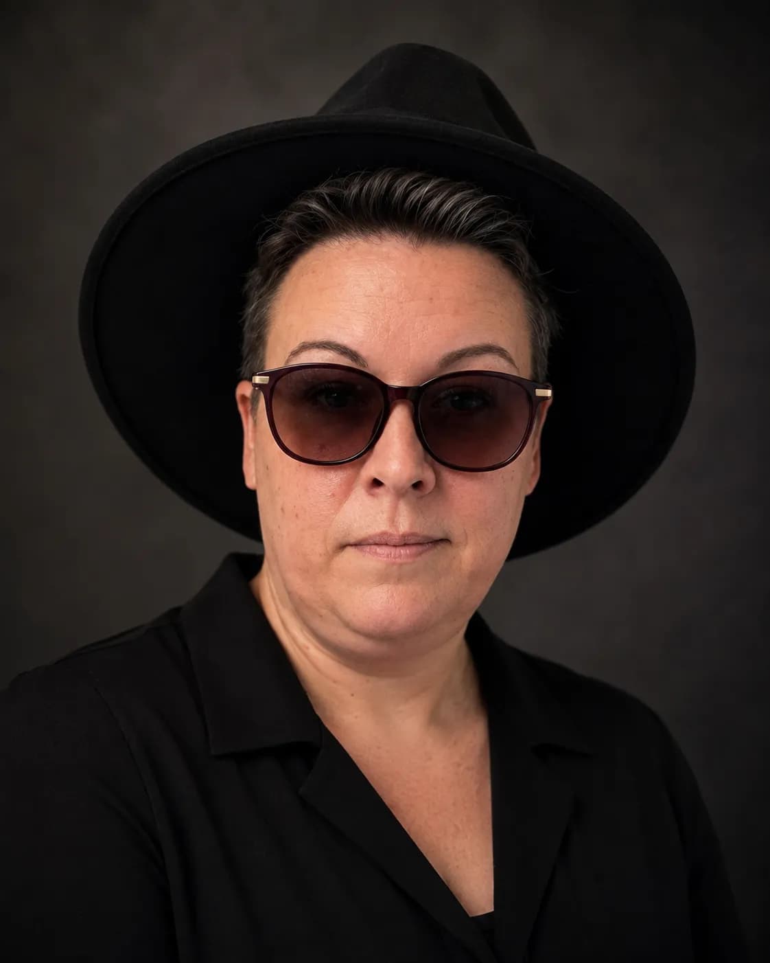 A person with short, dark hair wearing a black hat, dark sunglasses, and a black collared shirt looks directly at the viewer.