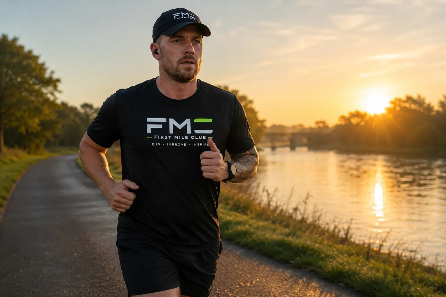 A man wearing a black cap and a black t-shirt with a green and white logo is running along a paved path next to a river at sunrise.