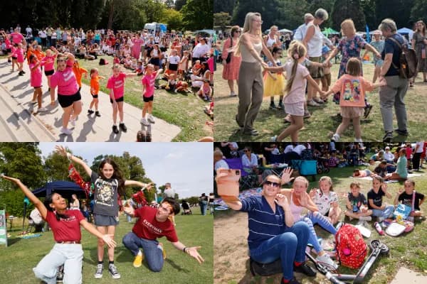 A four-panel collage shows people dancing and socializing outdoors at a community event.