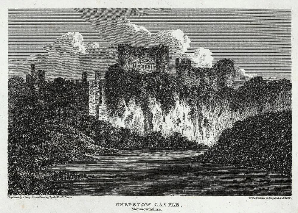 A black and white engraving depicts Chepstow Castle atop a rocky cliff overlooking a calm body of water, surrounded by trees.
