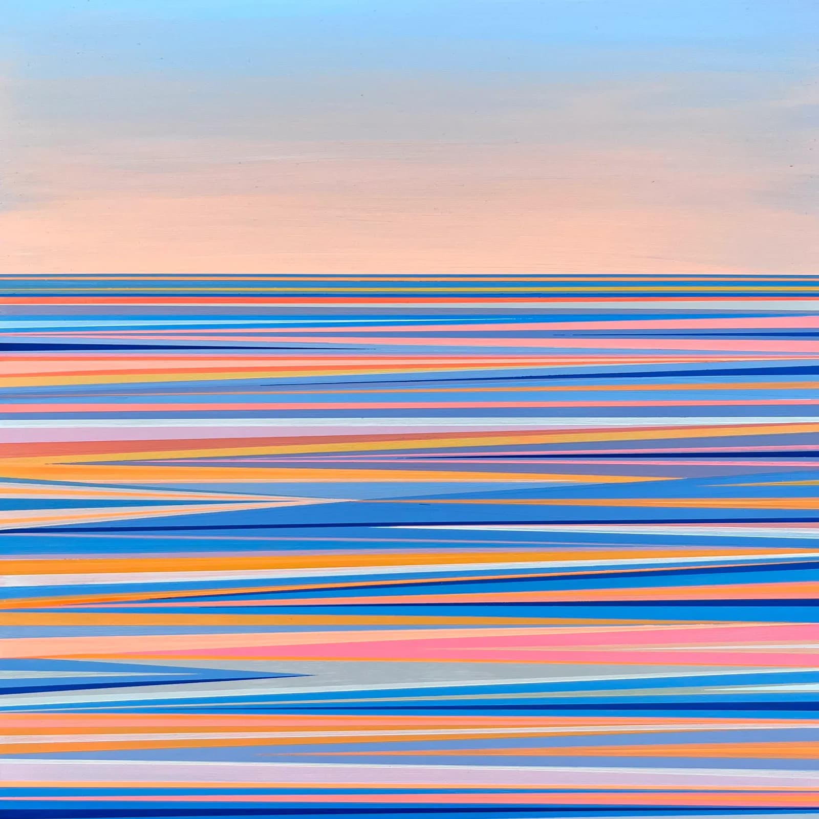 An abstract painting features horizontal stripes in various shades of blue, pink, orange, and white, with a soft pink and light blue sky background.