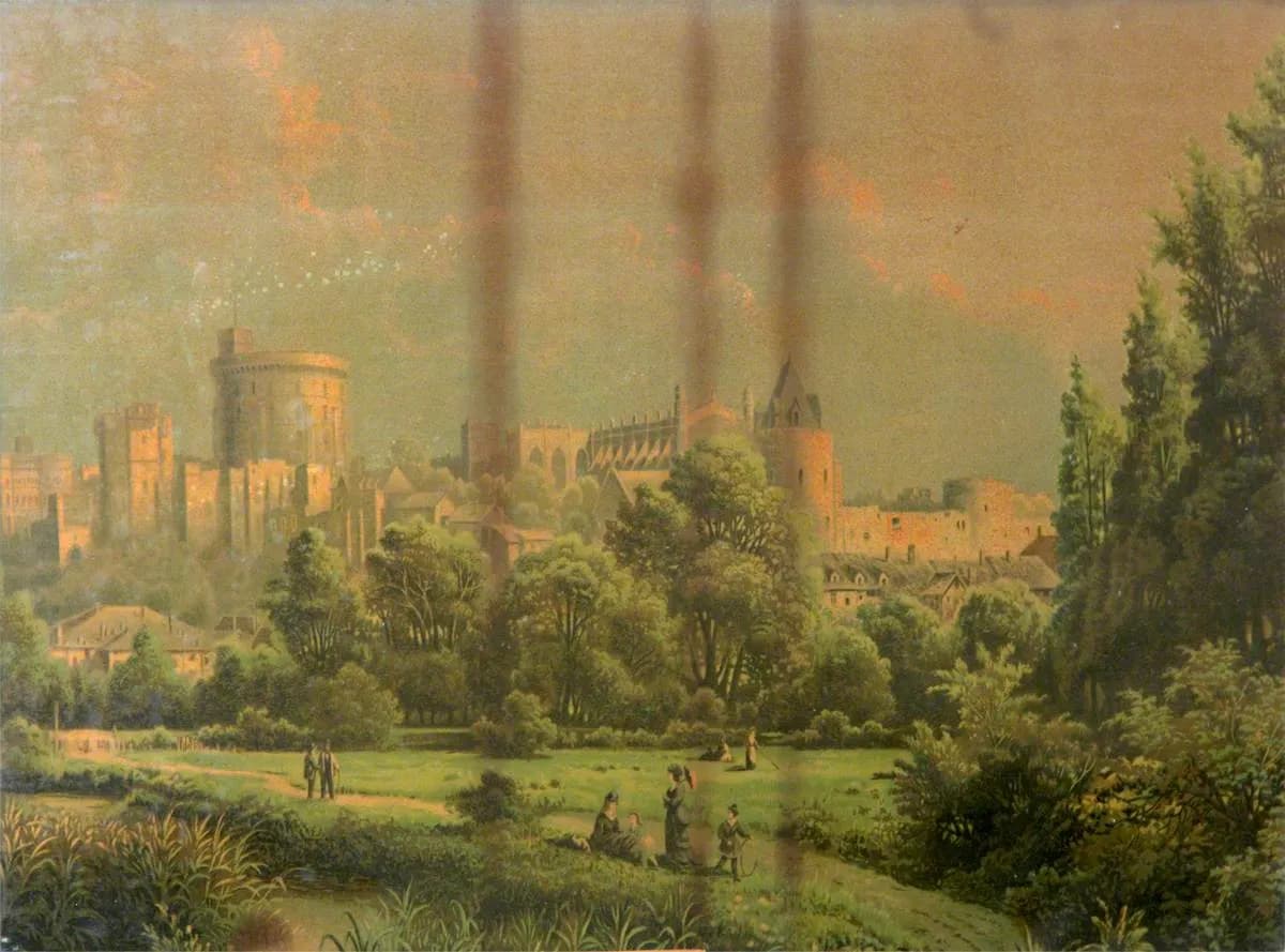A historic painting depicts a city landscape with a large castle, a grand cathedral, and smaller buildings nestled amongst lush green trees, with several people walking and resting in the grassy foreground.