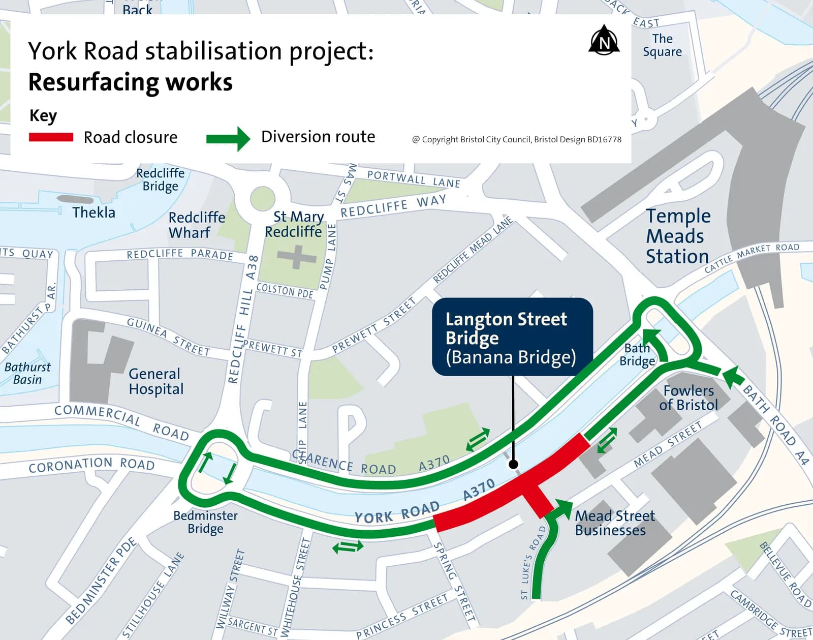 A map of a section of a city showing York Road stabilization project resurfacing works, with a red line indicating a road closure and green lines showing a diversion route around it.
