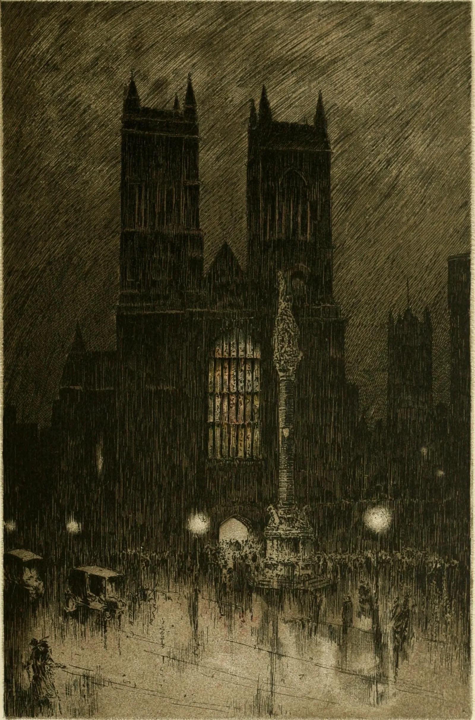A dark, textured etching depicting a street scene at night, with two prominent church towers dominating the background, a tall monument in the middle ground, and numerous figures and several cars on a wet street.