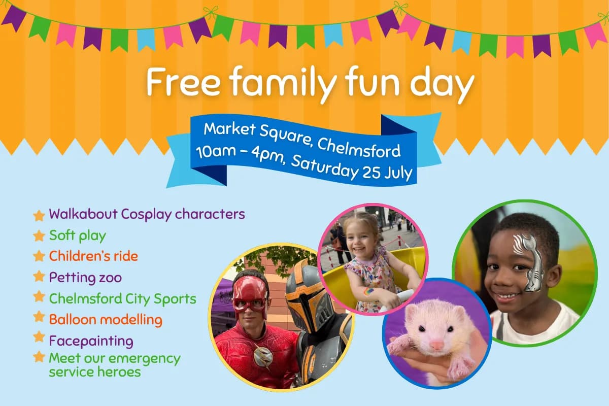 A flyer advertises a free family fun day with various activities, featuring circular insets of children enjoying face painting and a ride, a person in a Flash costume next to a Mandalorian, and someone holding a ferret.