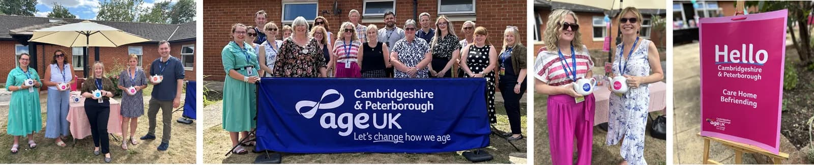 A collage showing a group of people standing behind an Age UK banner, individuals holding teapots, and a pink sign with "Hello Cambridgeshire & Peterborough" written on it.