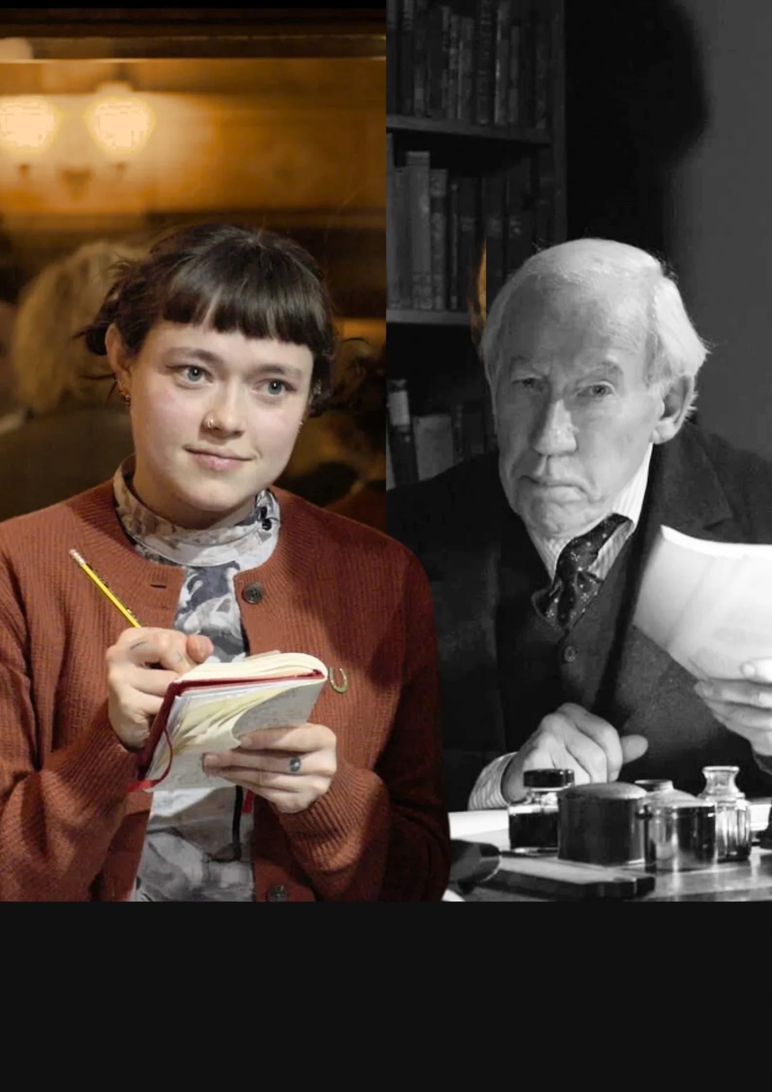 A split image showing a young woman writing in a notebook on the left and an older man in a suit holding papers on the right.