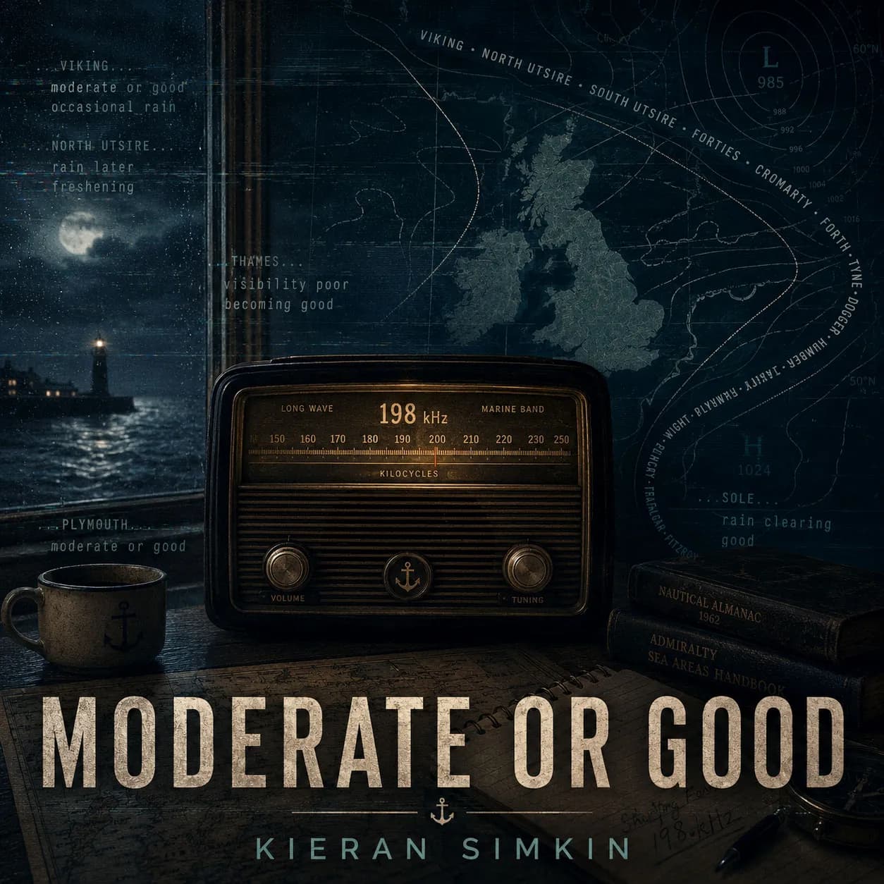 A vintage radio sits on a wooden desk with a nautical chart of the British Isles in the background and a window showing a lighthouse and the sea under a full moon, with a mug and books to the sides.