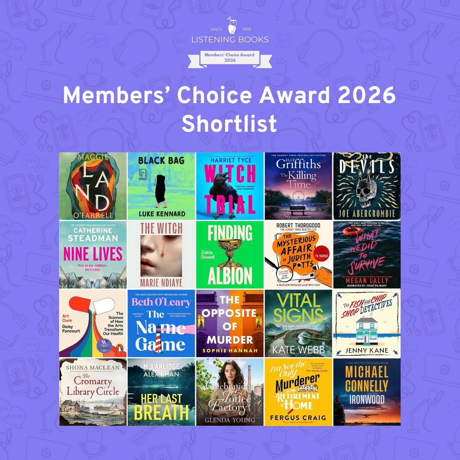 A grid of 20 book covers that are part of the Members' Choice Award 2026 Shortlist for Listening Books, against a purple background with faint illustrations of headphones and other media-related icons.