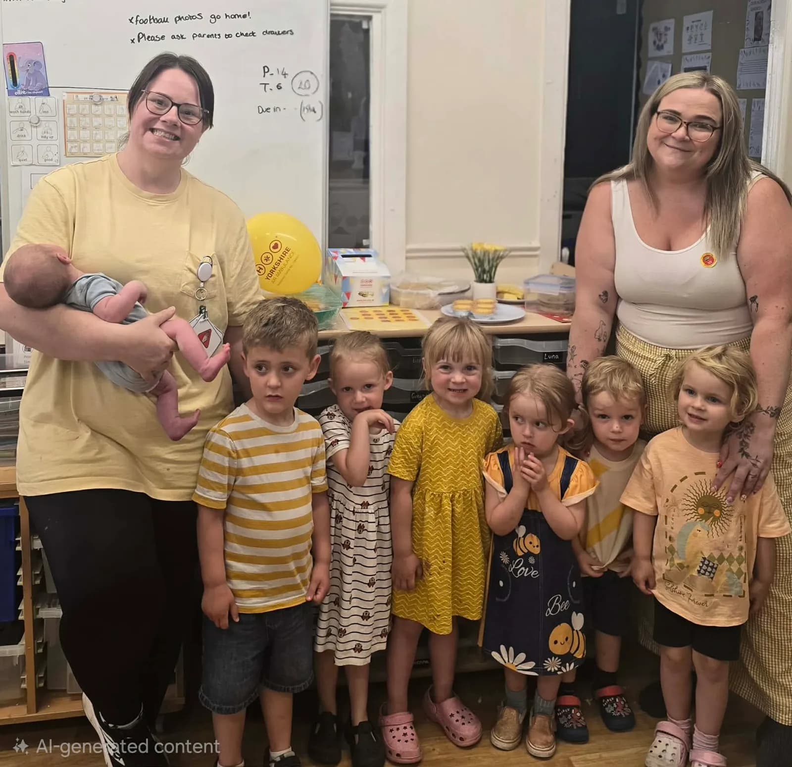 Two women, one holding a baby, pose with six young children in what appears to be a classroom.
