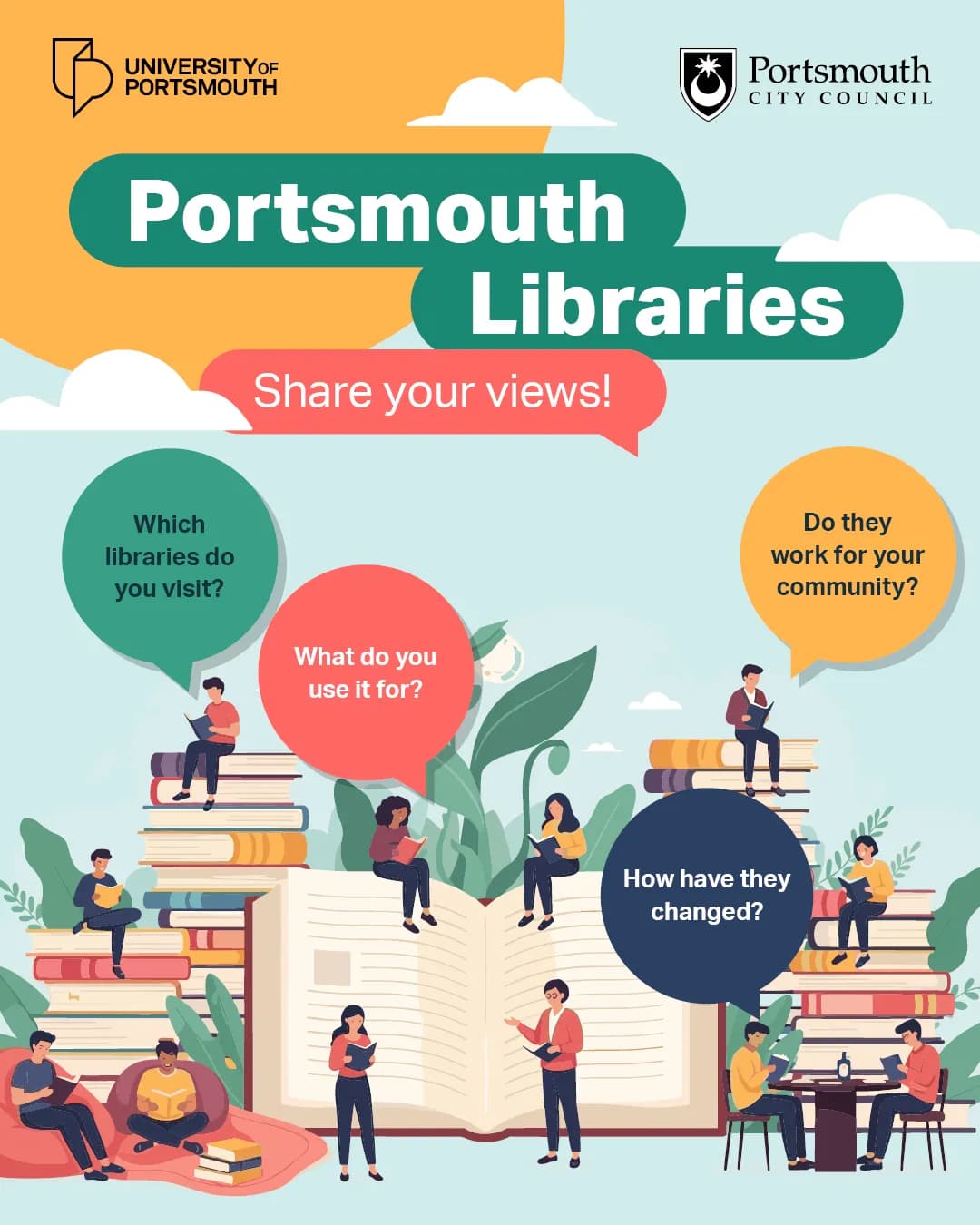 An illustration promoting Portsmouth Libraries, featuring a group of people reading books, some sitting on stacks of books, with speech bubbles asking questions about their views on the libraries.