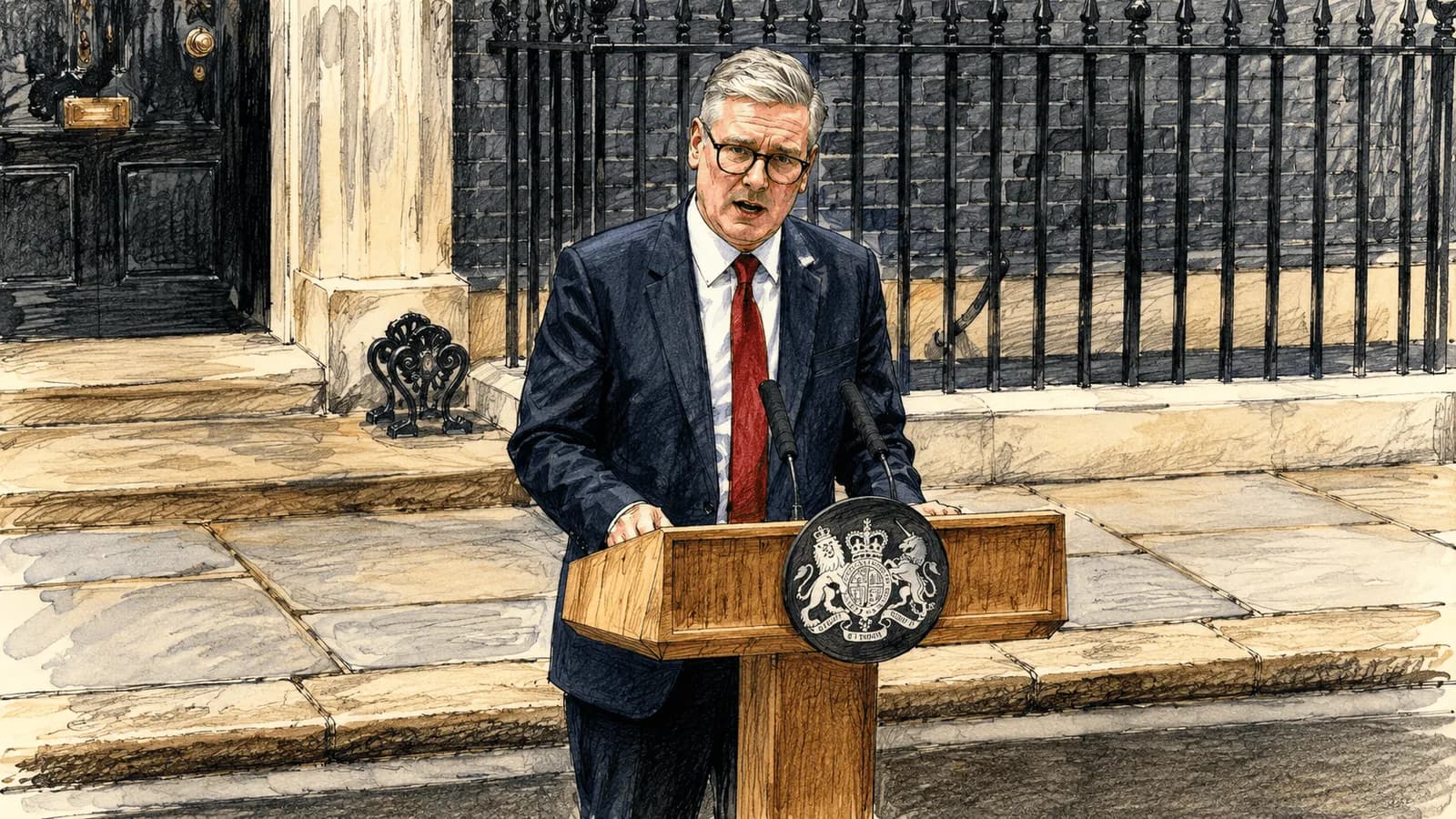 An illustration in vibrant watercolors depicts a man with gray hair and glasses speaking at a podium with a crest on it, standing in front of a dark building with an ornate door and black fence.