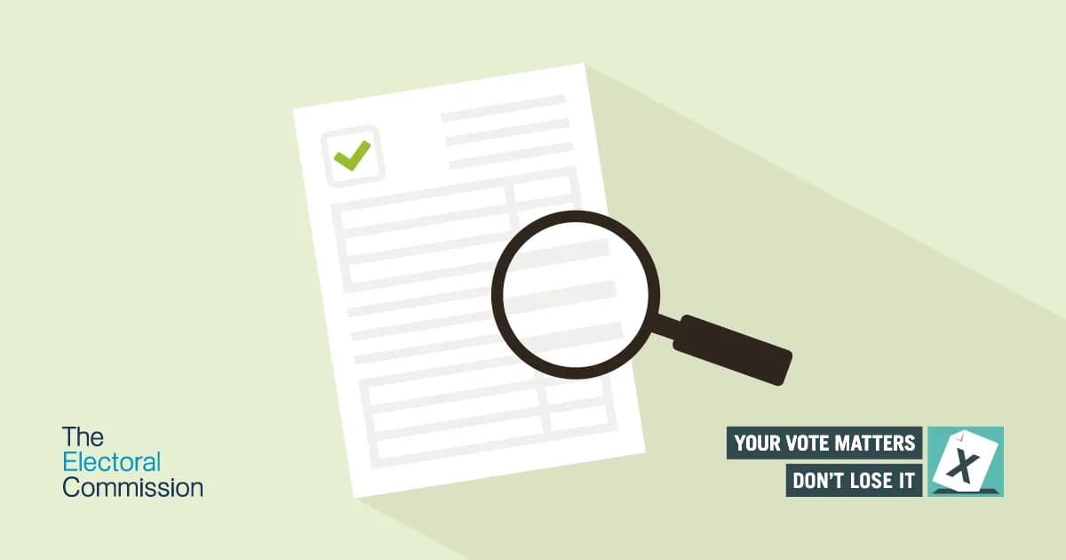 A magnifying glass hovers over a document with a green checkmark, while text below reads 'YOUR VOTE MATTERS DON'T LOSE IT' next to a ballot paper with an X.