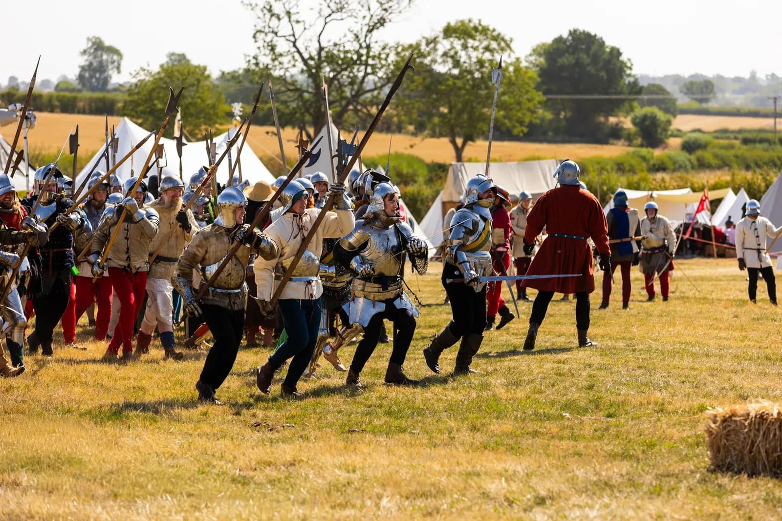 A group of people dressed in historical armor and clothing march across a grassy field with tents and trees in the background, holding spears and swords.