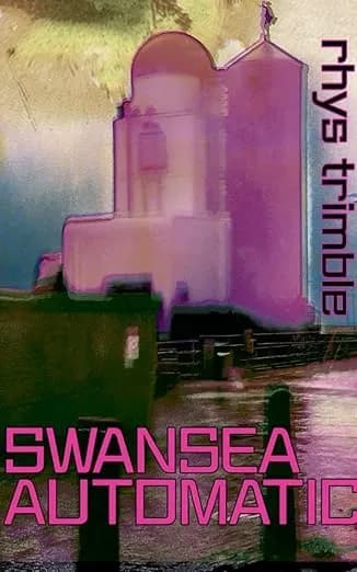 A magenta and purple stylized building with text overlaid on the right side and bottom left corner.